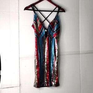 Owl Sequin Striped Mini Dress - Multicolor